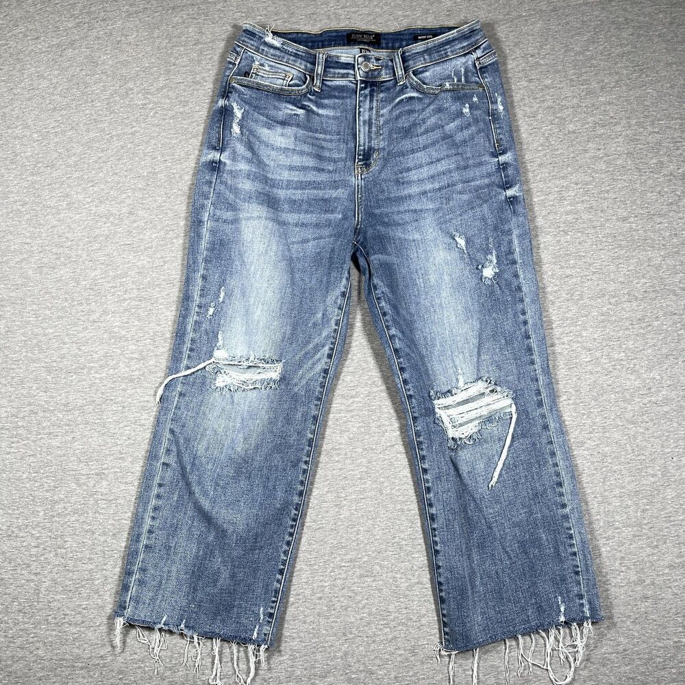 Judy Blue Jeans Womens 11/30 Blue Wide-Leg High Rise Relaxed Distressed Fringe